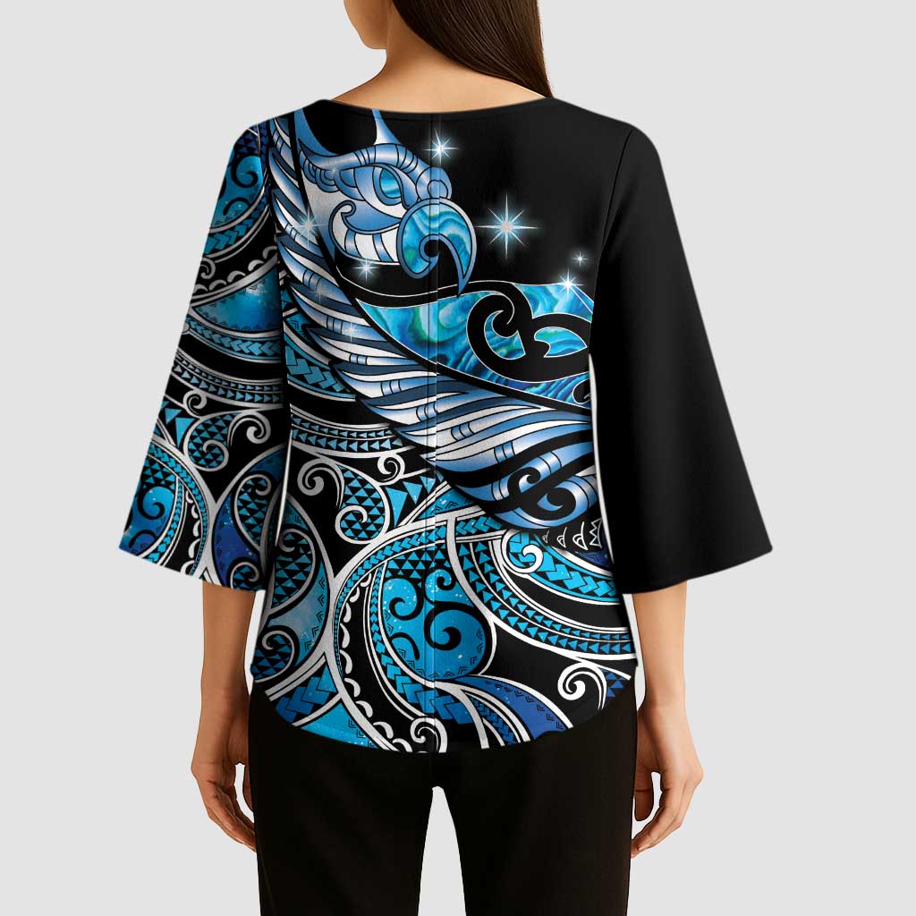 Maori Matariki - Manaia Kimono Sleeve Blouse Galaxy Blue Paua Shell