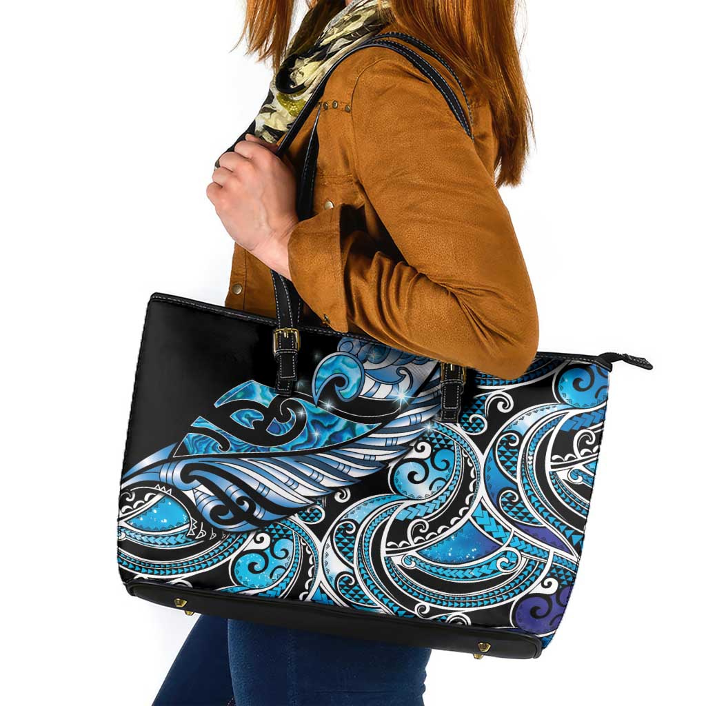 Maori Matariki - Manaia Leather Tote Bag Galaxy Blue Paua Shell