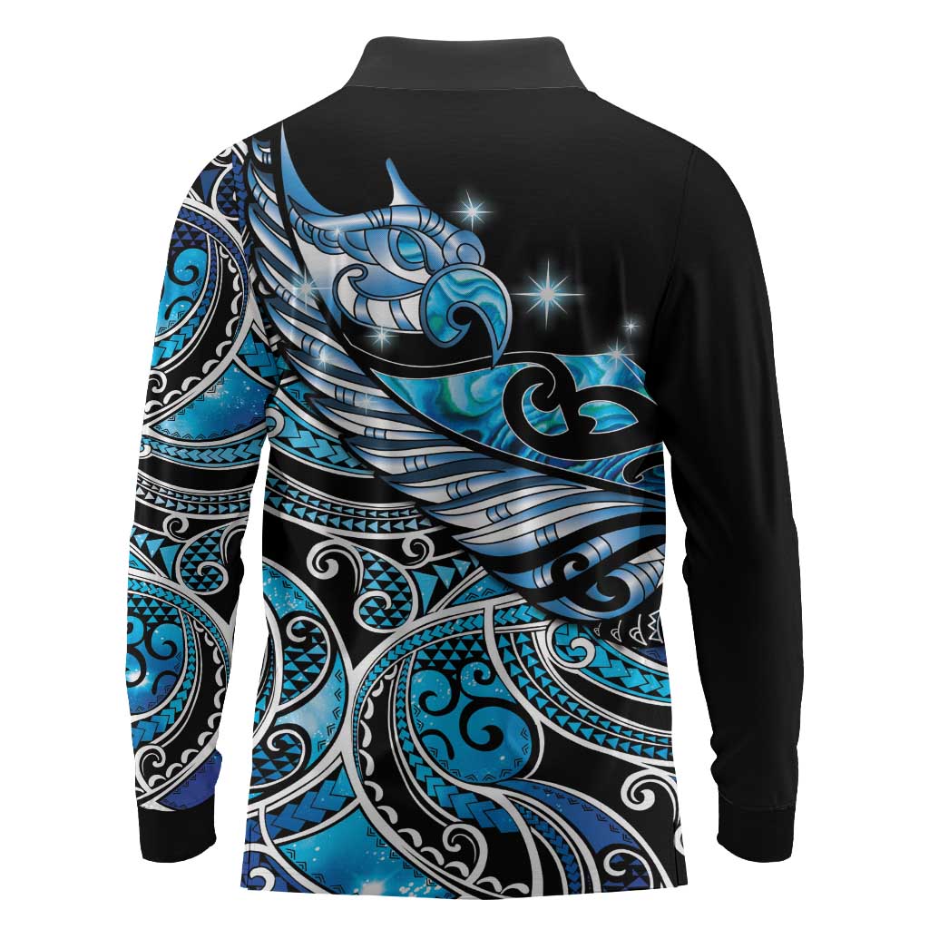 Maori Matariki - Manaia Long Sleeve Polo Shirt Galaxy Blue Paua Shell