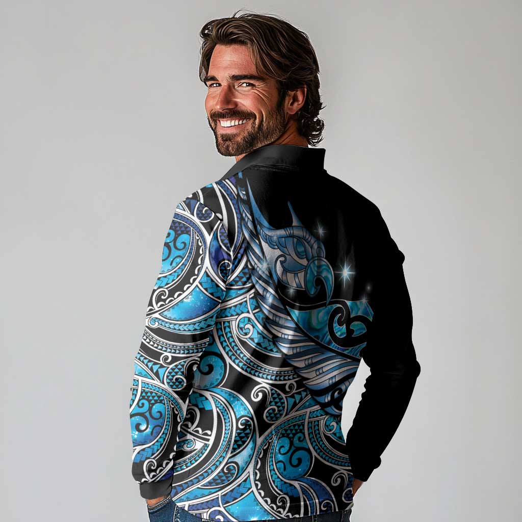 Maori Matariki - Manaia Long Sleeve Polo Shirt Galaxy Blue Paua Shell