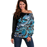 Maori Matariki - Manaia Off Shoulder Sweater Galaxy Blue Paua Shell