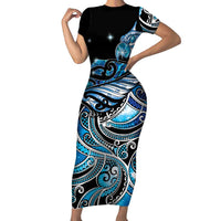 Maori Matariki - Manaia Short Sleeve Bodycon Dress Galaxy Blue Paua Shell