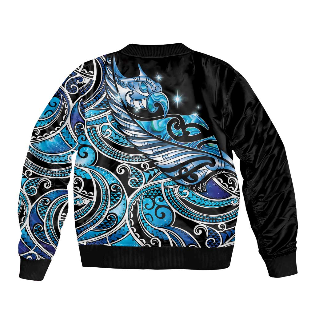 Maori Matariki - Manaia Sleeve Zip Bomber Jacket Galaxy Blue Paua Shell