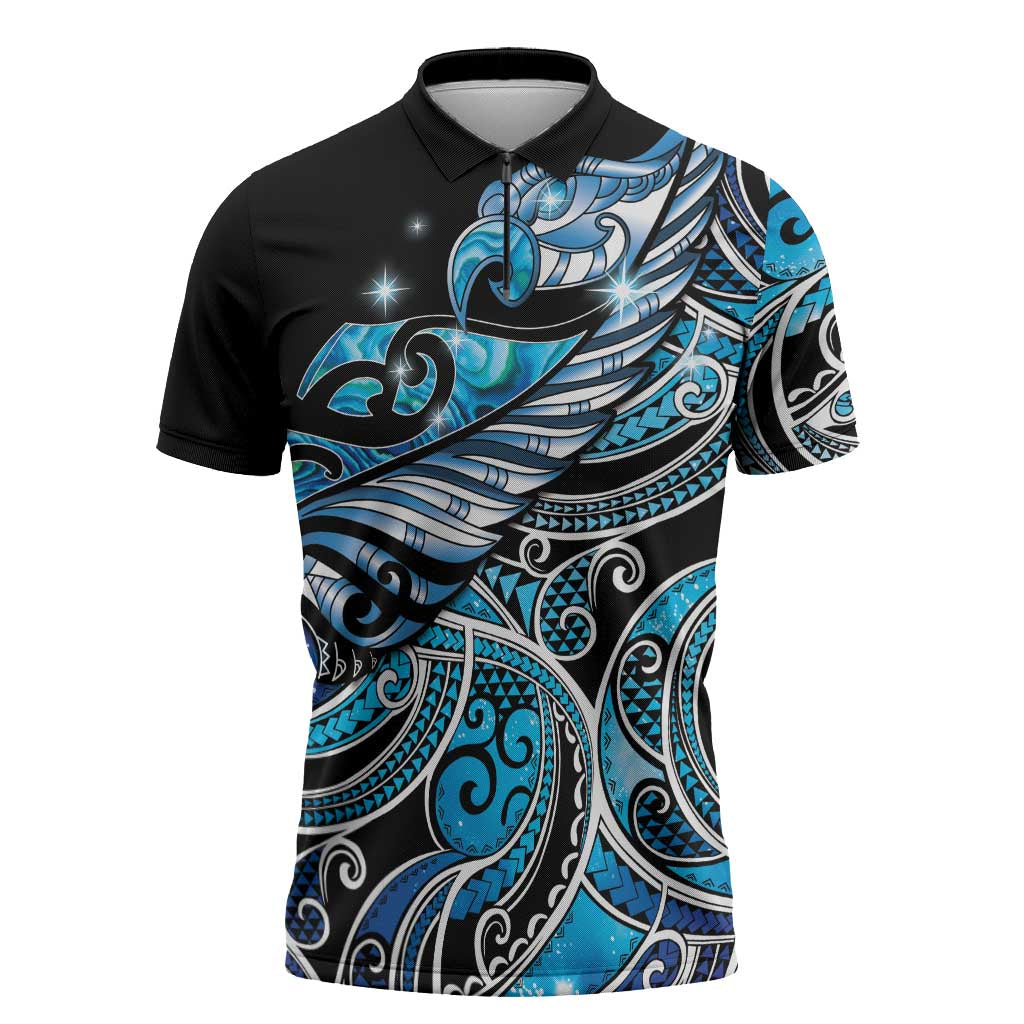 Maori Matariki - Manaia Zipper Polo Shirt Galaxy Blue Paua Shell