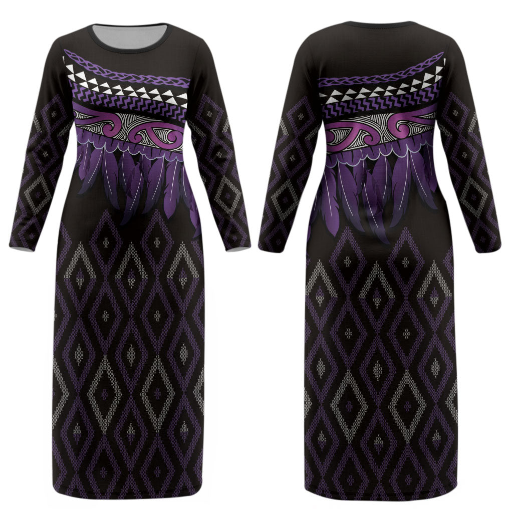 Aotearoa Maori Ngati Porou Iwi Couples Matching Long Sleeve Bodycon Dress and Hawaiian Shirt Korowai Tukutuku Kaokao Motifs