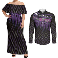 Aotearoa Maori Ngati Porou Iwi Couples Matching Off Shoulder Maxi Dress and Long Sleeve Button Shirt Korowai Tukutuku Kaokao Motifs
