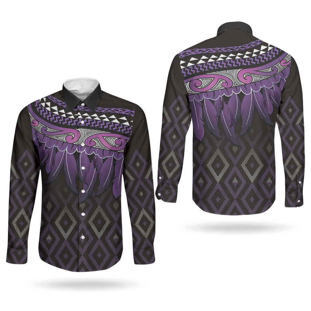 Aotearoa Maori Ngati Porou Iwi Couples Matching Off The Shoulder Long Sleeve Dress and Long Sleeve Button Shirt Korowai Tukutuku Kaokao Motifs