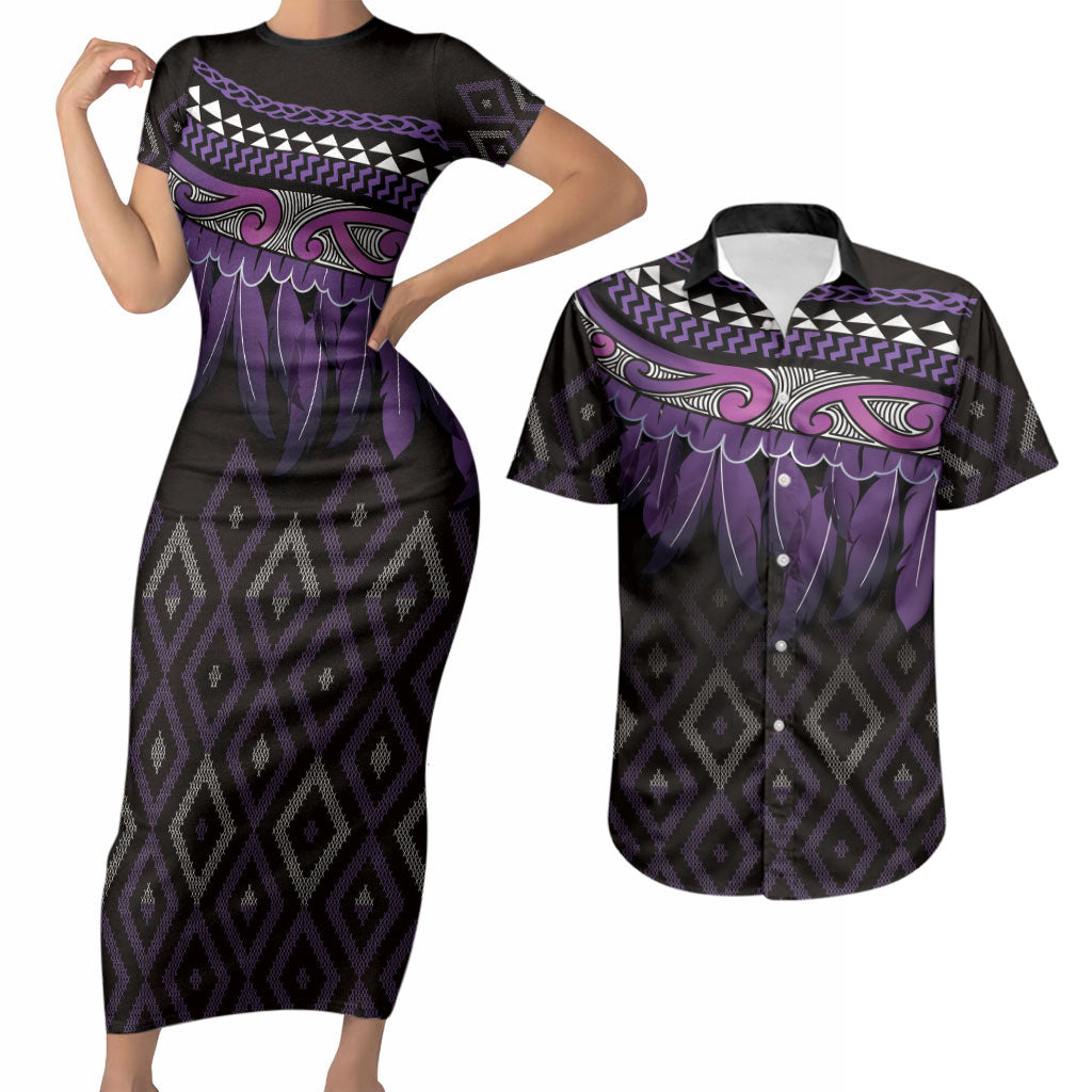 Aotearoa Maori Ngati Porou Iwi Couples Matching Short Sleeve Bodycon Dress and Hawaiian Shirt Korowai Tukutuku Kaokao Motifs
