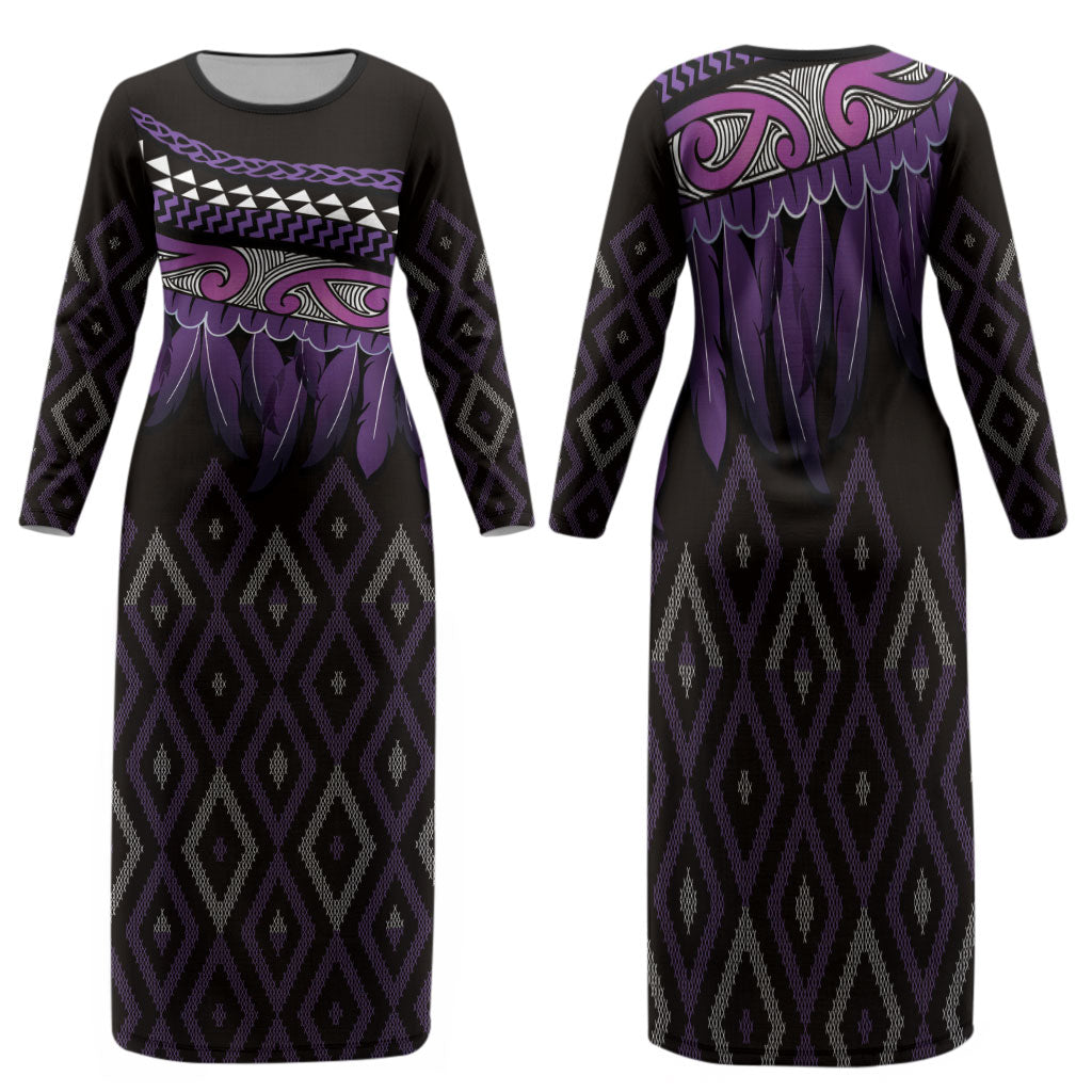 Aotearoa Maori Ngati Porou Iwi Family Matching Long Sleeve Bodycon Dress and Hawaiian Shirt Korowai Tukutuku Kaokao Motifs