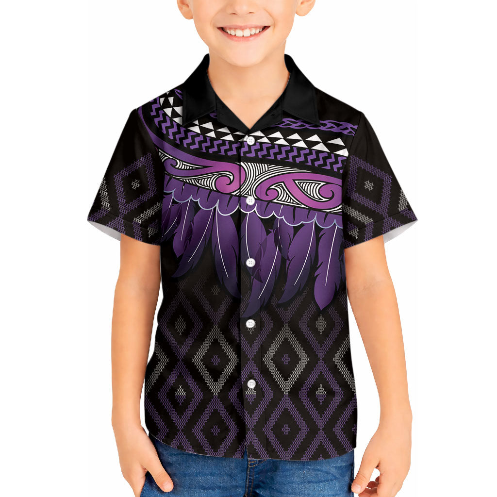 Aotearoa Maori Ngati Porou Iwi Kid Hawaiian Shirt Korowai Tukutuku Kaokao Motifs LT7 Kid Purple - Polynesian Pride