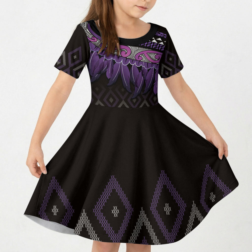 Aotearoa Maori Ngati Porou Iwi Kid Short Sleeve Dress Korowai Tukutuku Kaokao Motifs LT7 KID Purple - Polynesian Pride