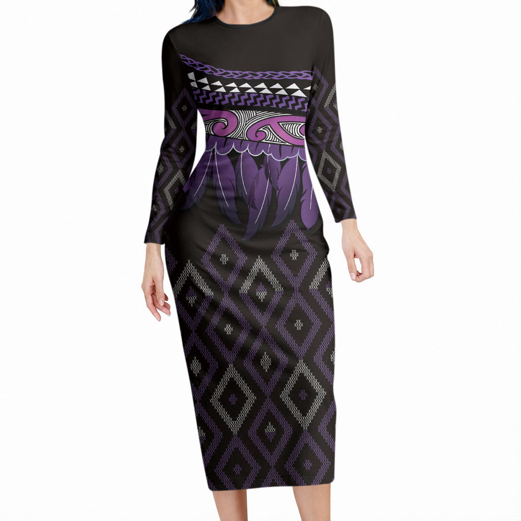 Aotearoa Maori Ngati Porou Iwi Long Sleeve Bodycon Dress Korowai Tukutuku Kaokao Motifs LT7 Long Dress Purple - Polynesian Pride