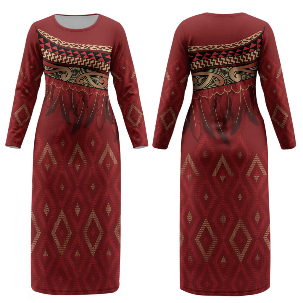 Aotearoa Maori Waikato Tainui Iwi Couples Matching Long Sleeve Bodycon Dress and Hawaiian Shirt Korowai Tukutuku Kaokao Motifs