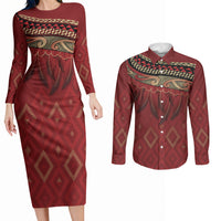 Aotearoa Maori Waikato Tainui Iwi Couples Matching Long Sleeve Bodycon Dress and Long Sleeve Button Shirt Korowai Tukutuku Kaokao Motifs