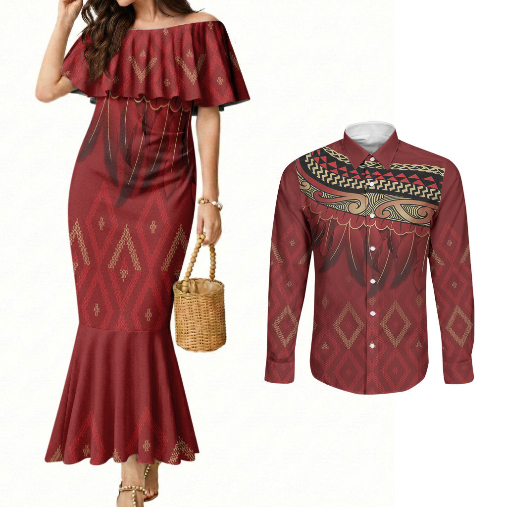 Aotearoa Maori Waikato Tainui Iwi Couples Matching Mermaid Dress and Long Sleeve Button Shirt Korowai Tukutuku Kaokao Motifs