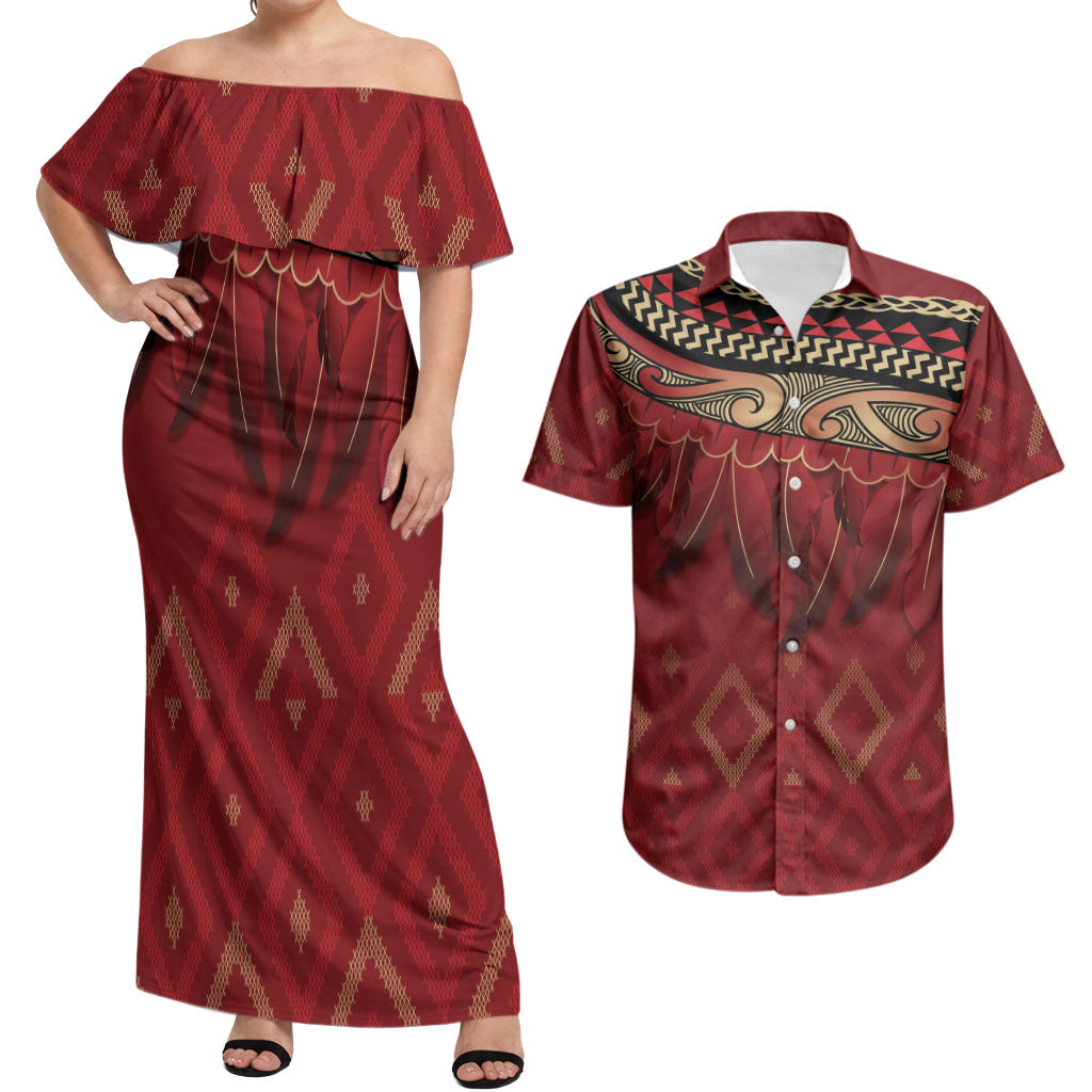 Aotearoa Maori Waikato Tainui Iwi Couples Matching Off Shoulder Maxi Dress and Hawaiian Shirt Korowai Tukutuku Kaokao Motifs
