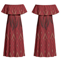 Aotearoa Maori Waikato Tainui Iwi Couples Matching Off Shoulder Maxi Dress and Long Sleeve Button Shirt Korowai Tukutuku Kaokao Motifs