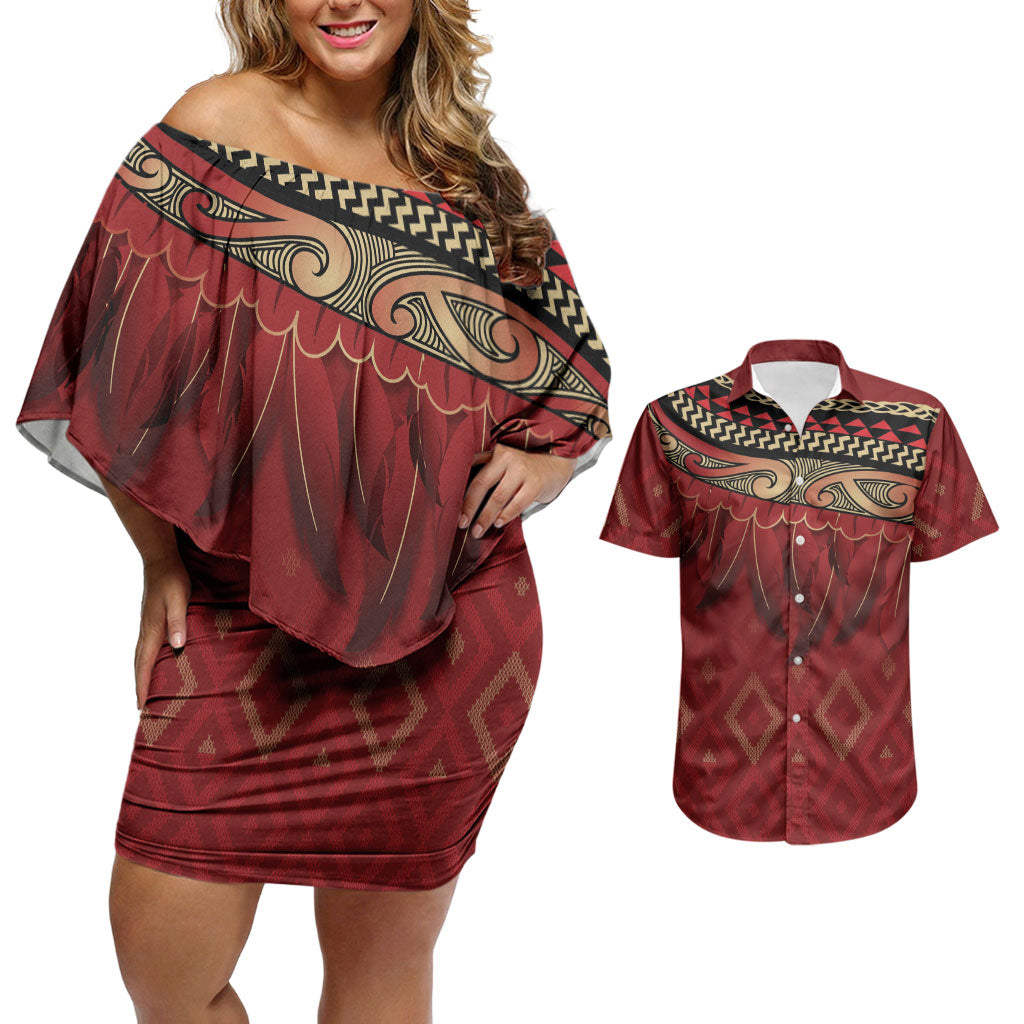 Aotearoa Maori Waikato Tainui Iwi Couples Matching Off Shoulder Short Dress and Hawaiian Shirt Korowai Tukutuku Kaokao Motifs
