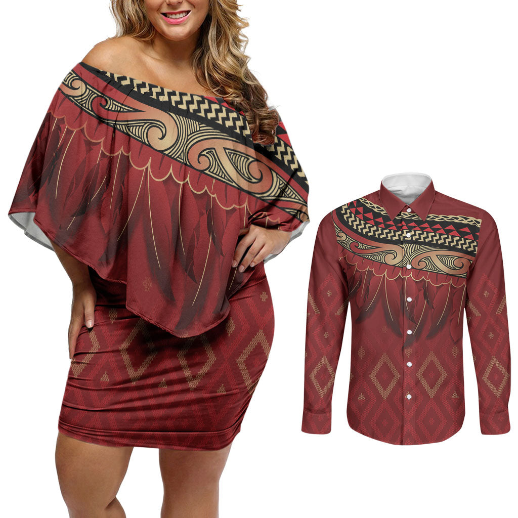 Aotearoa Maori Waikato Tainui Iwi Couples Matching Off Shoulder Short Dress and Long Sleeve Button Shirt Korowai Tukutuku Kaokao Motifs