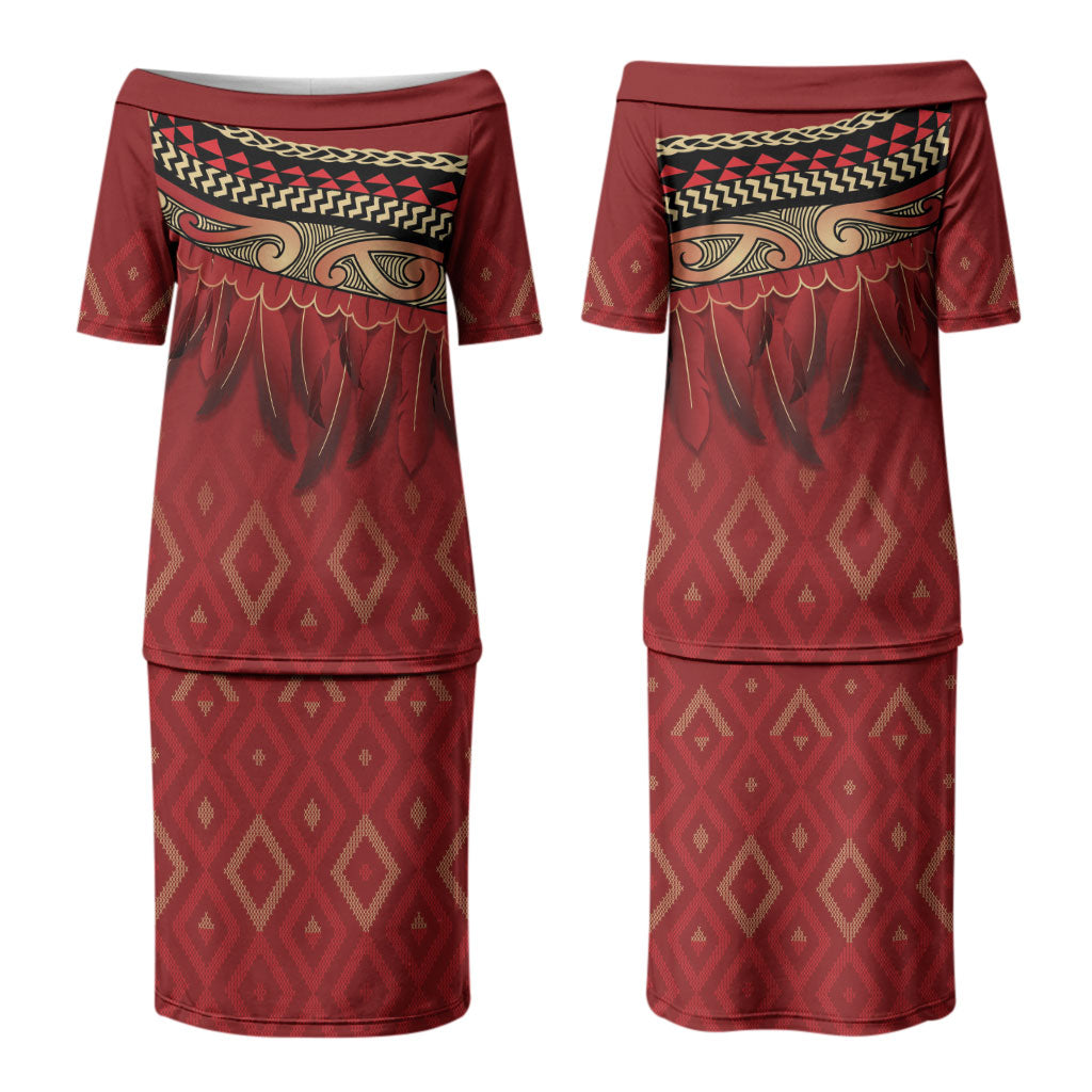 Aotearoa Maori Waikato Tainui Iwi Couples Matching Puletasi and Long Sleeve Button Shirt Korowai Tukutuku Kaokao Motifs