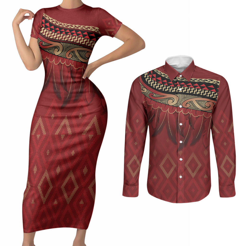 Aotearoa Maori Waikato Tainui Iwi Couples Matching Short Sleeve Bodycon Dress and Long Sleeve Button Shirt Korowai Tukutuku Kaokao Motifs