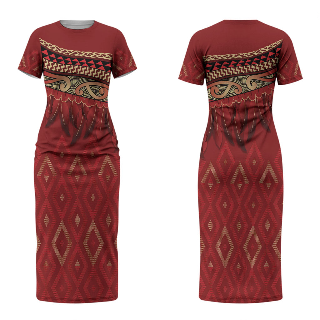 Aotearoa Maori Waikato Tainui Iwi Couples Matching Short Sleeve Bodycon Dress and Long Sleeve Button Shirt Korowai Tukutuku Kaokao Motifs