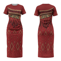 Aotearoa Maori Waikato Tainui Iwi Couples Matching Short Sleeve Bodycon Dress and Long Sleeve Button Shirt Korowai Tukutuku Kaokao Motifs