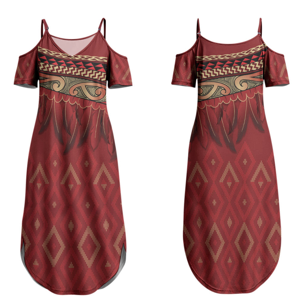 Aotearoa Maori Waikato Tainui Iwi Couples Matching Summer Maxi Dress and Long Sleeve Button Shirt Korowai Tukutuku Kaokao Motifs