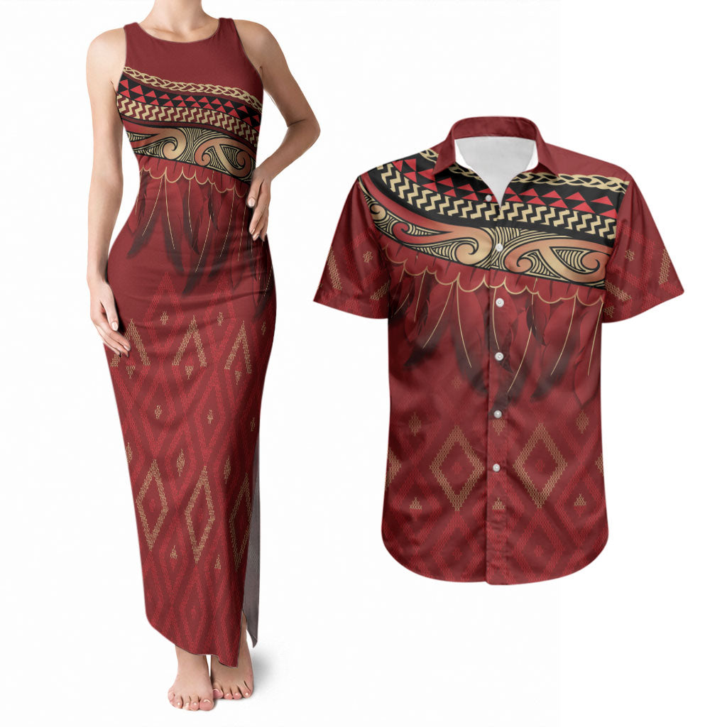 Aotearoa Maori Waikato Tainui Iwi Couples Matching Tank Maxi Dress and Hawaiian Shirt Korowai Tukutuku Kaokao Motifs