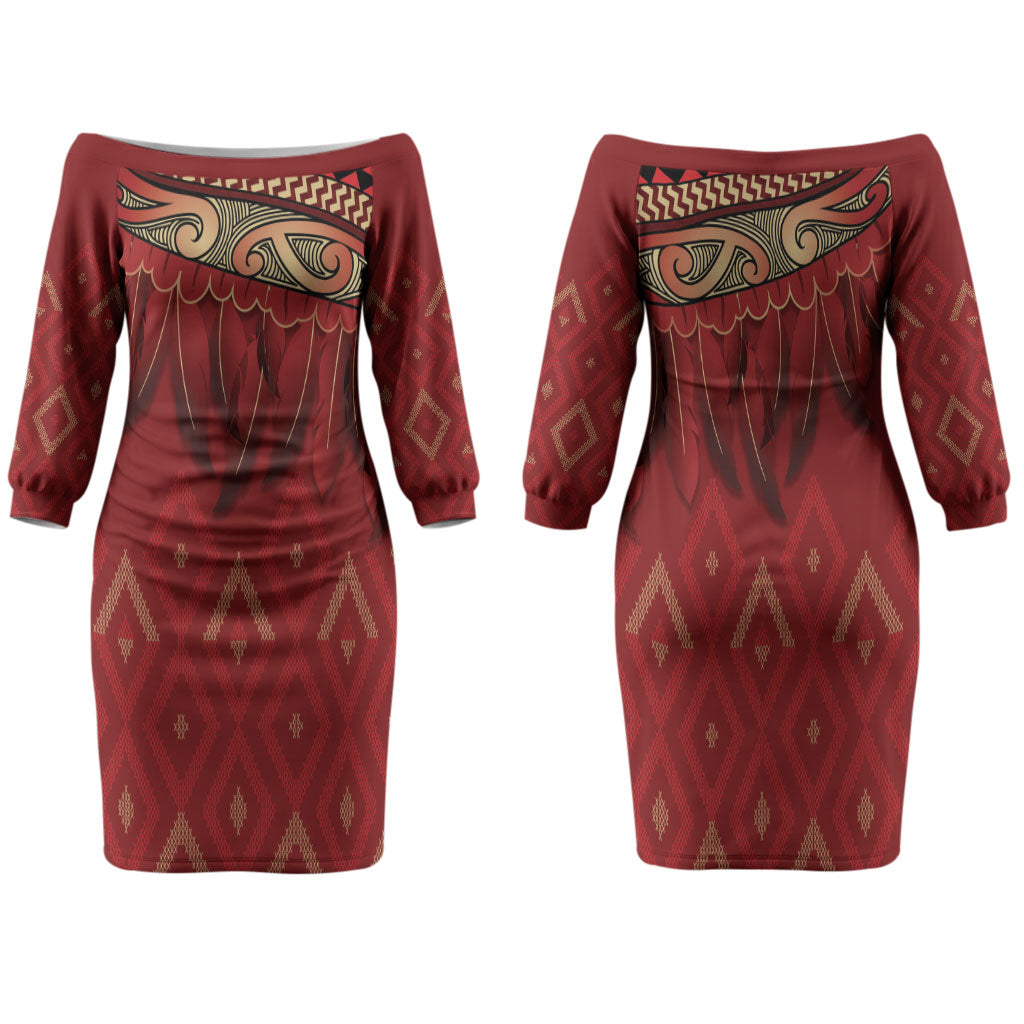 Aotearoa Maori Waikato Tainui Iwi Family Matching Off The Shoulder Long Sleeve Dress and Hawaiian Shirt Korowai Tukutuku Kaokao Motifs