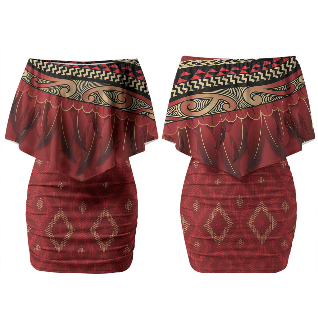 Aotearoa Maori Waikato Tainui Iwi Family Matching Off Shoulder Short Dress and Hawaiian Shirt Korowai Tukutuku Kaokao Motifs