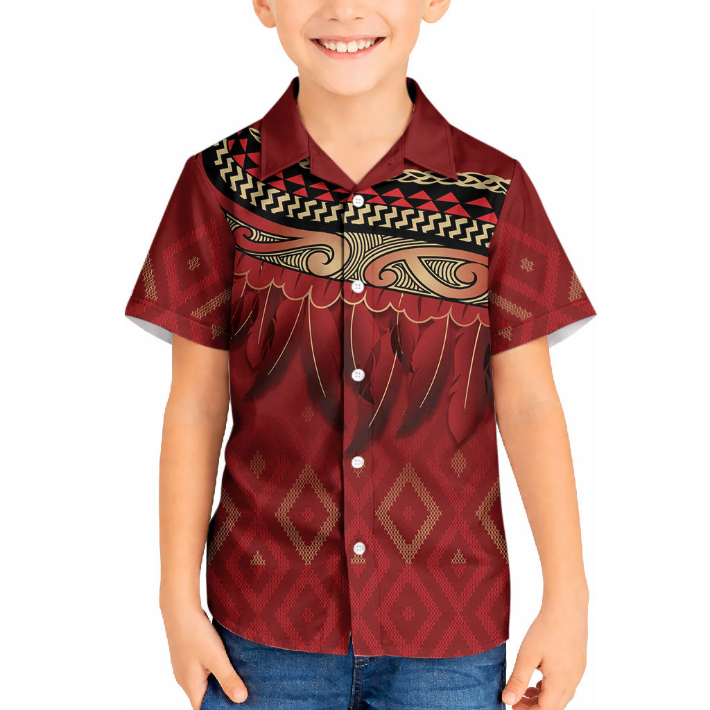 Aotearoa Maori Waikato Tainui Iwi Kid Hawaiian Shirt Korowai Tukutuku Kaokao Motifs LT7 Kid Red - Polynesian Pride
