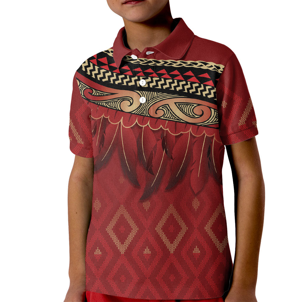 Aotearoa Maori Waikato Tainui Iwi Kid Polo Shirt Korowai Tukutuku Kaokao Motifs LT7 Kid Red - Polynesian Pride