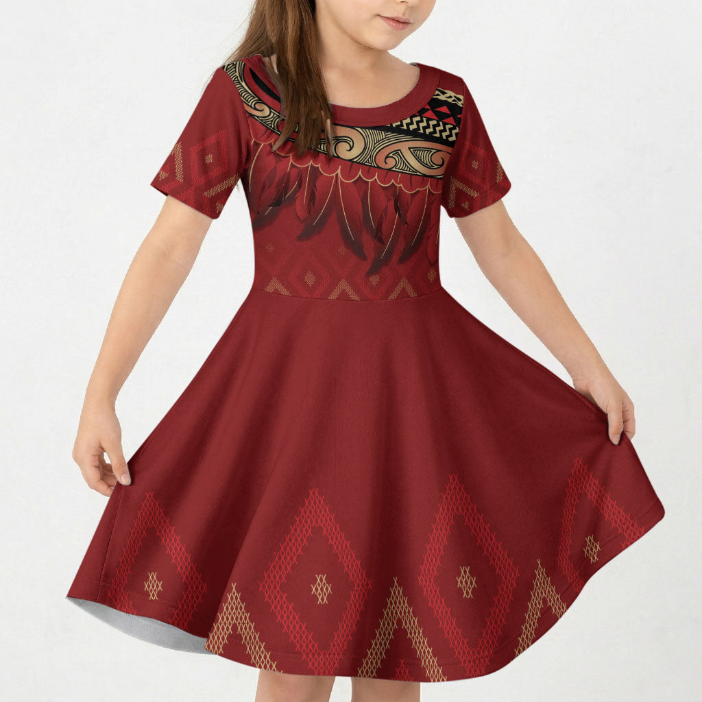 Aotearoa Maori Waikato Tainui Iwi Kid Short Sleeve Dress Korowai Tukutuku Kaokao Motifs LT7 KID Red - Polynesian Pride