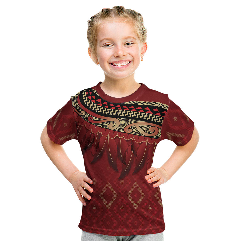 Aotearoa Maori Waikato Tainui Iwi Kid T Shirt Korowai Tukutuku Kaokao Motifs LT7 Red - Polynesian Pride