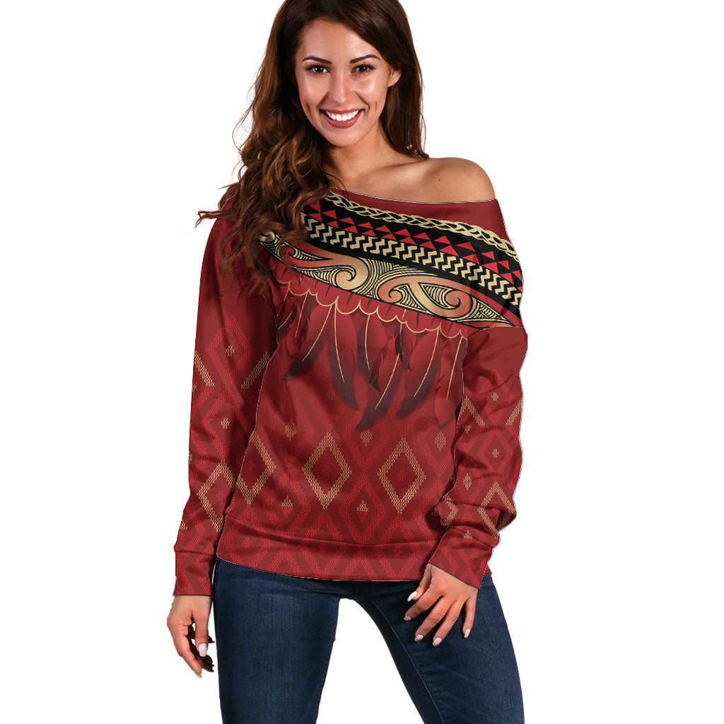 Aotearoa Maori Waikato Tainui Iwi Off Shoulder Sweater Korowai Tukutuku Kaokao Motifs