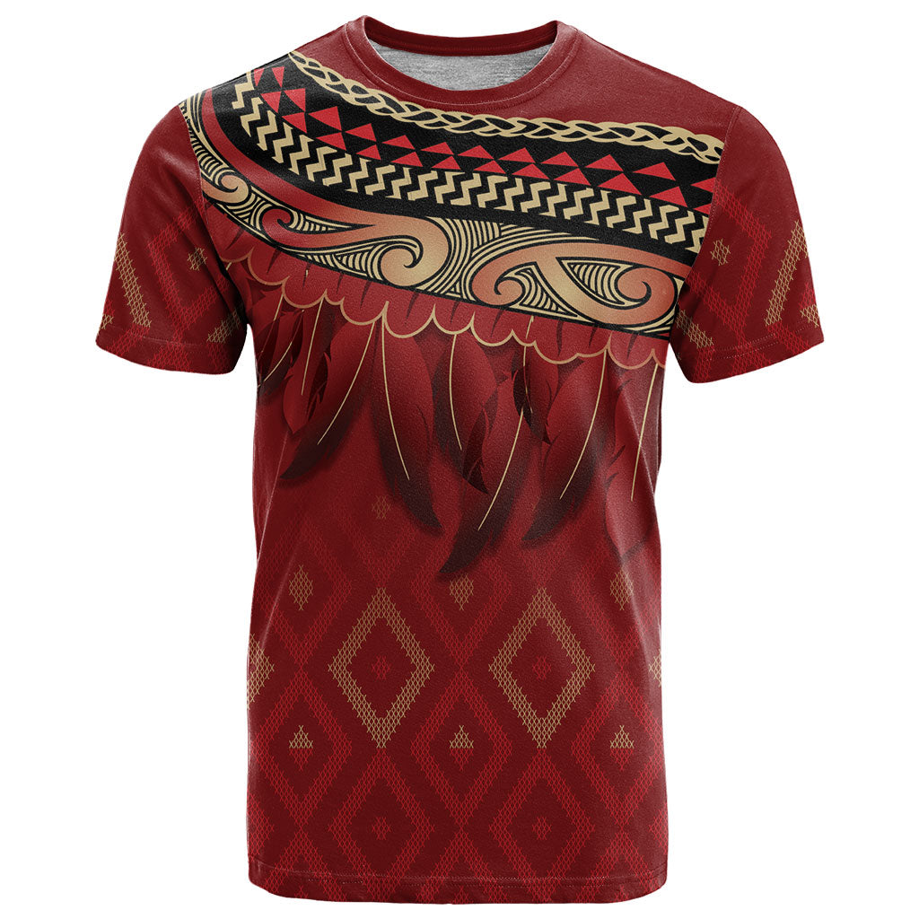 Aotearoa Maori Waikato Tainui Iwi T Shirt Korowai Tukutuku Kaokao Motifs LT7 Red - Polynesian Pride