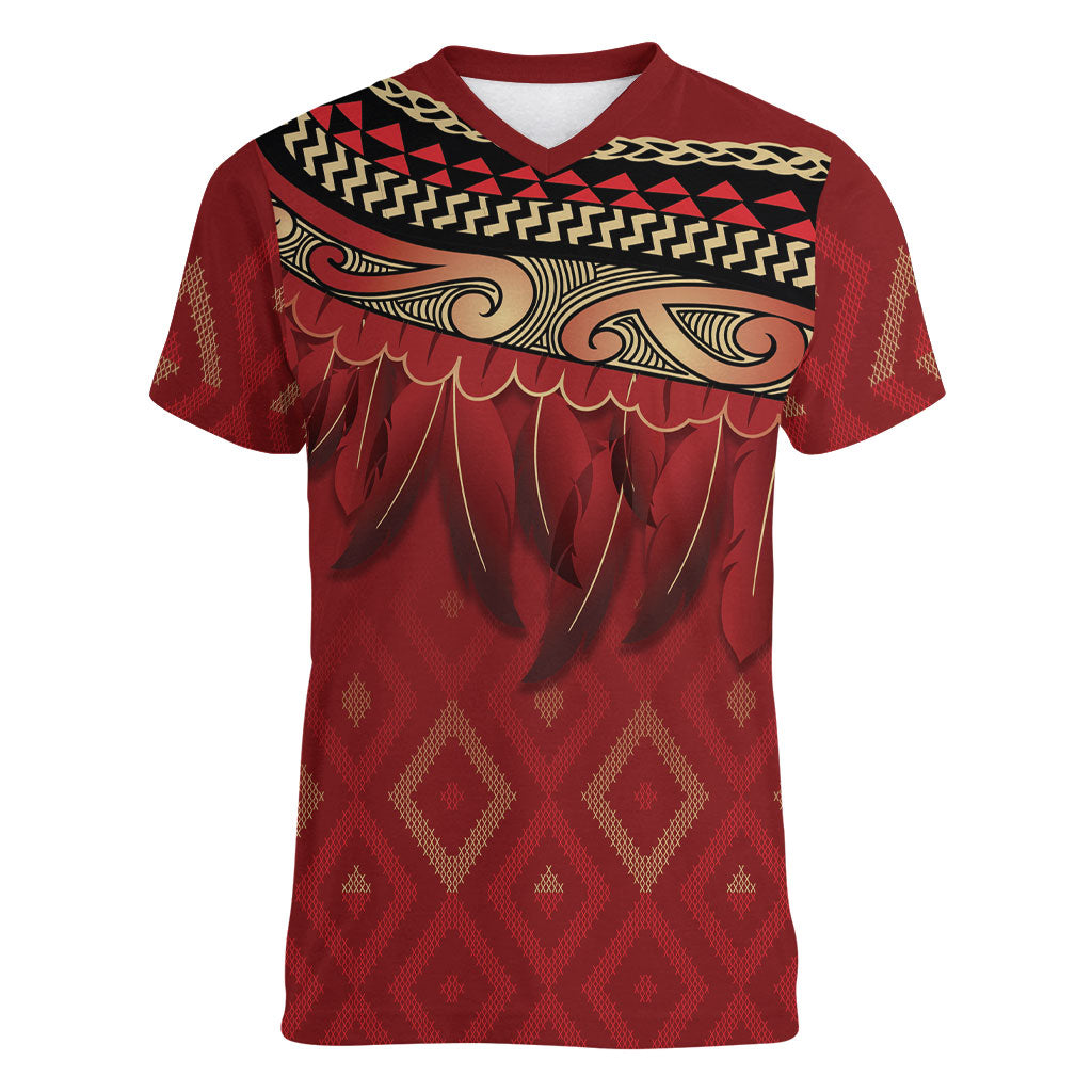 Aotearoa Maori Waikato Tainui Iwi Women V-Neck T-Shirt Korowai Tukutuku Kaokao Motifs