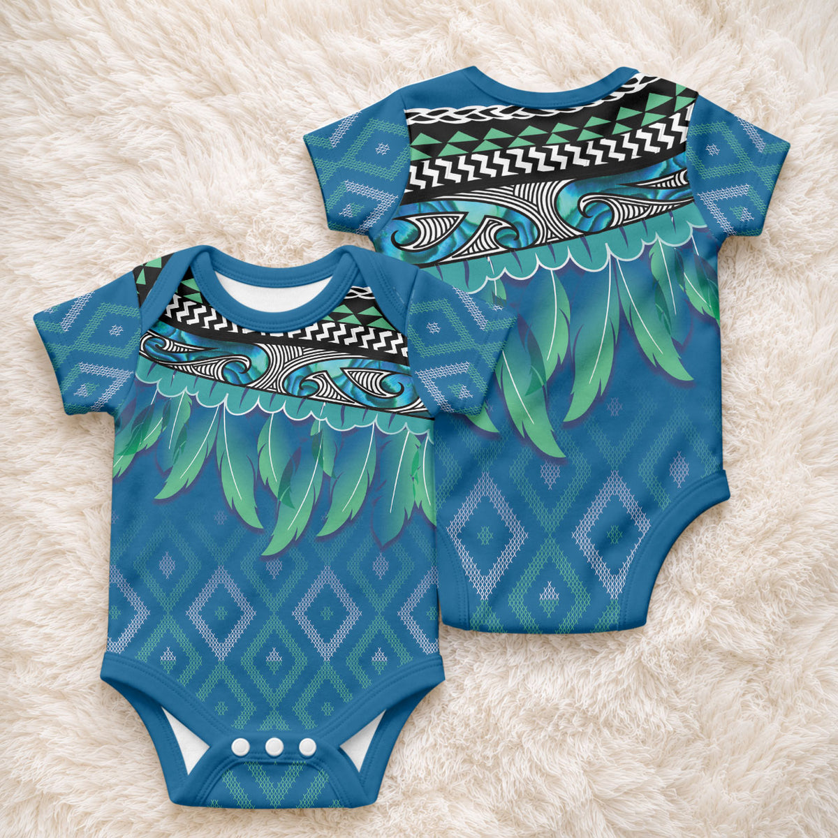 Aotearoa Maori Ngati Kahungunu Iwi Paua Blue Baby Onesie Korowai Tukutuku Kaokao Motifs