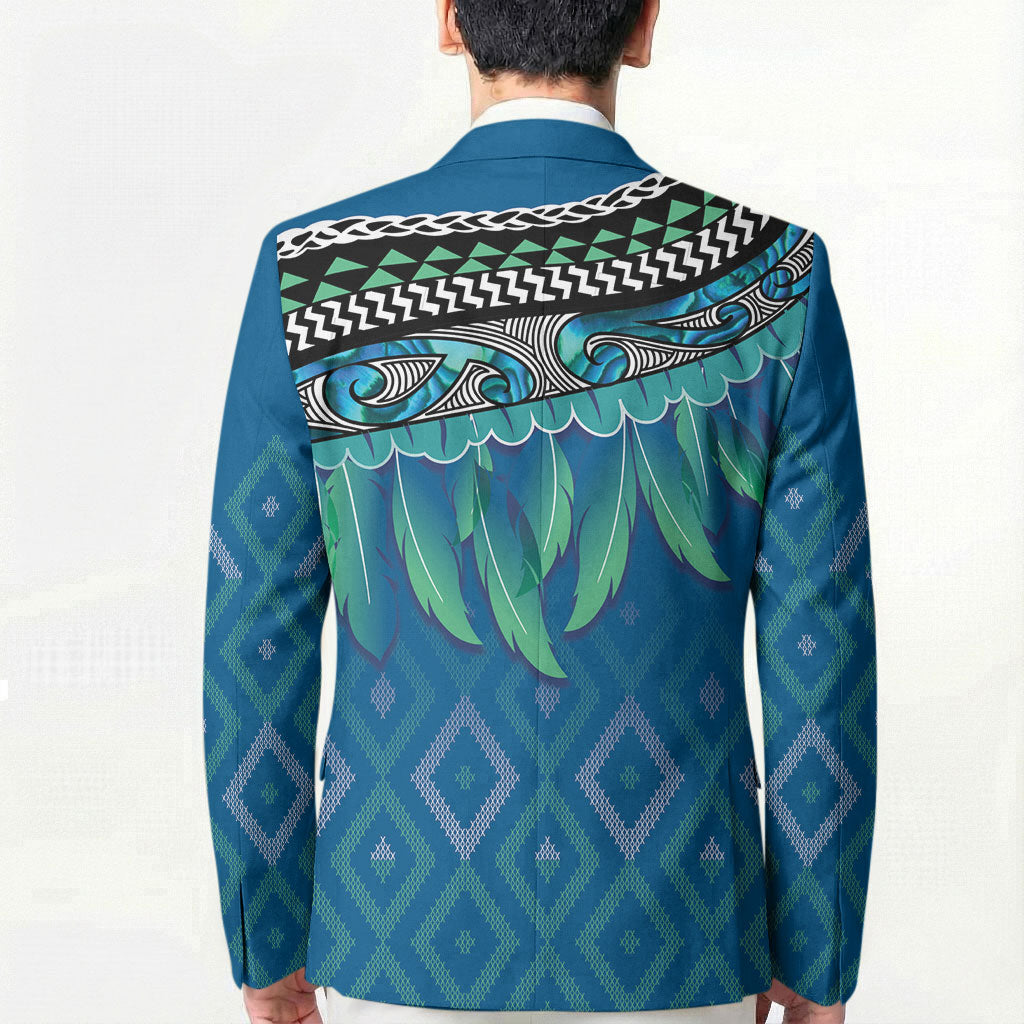 Aotearoa Maori Ngati Kahungunu Iwi Paua Blue Blazer Korowai Tukutuku Kaokao Motifs