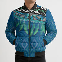 Aotearoa Maori Ngati Kahungunu Iwi Paua Blue Bomber Puffer Jacket Korowai Tukutuku Kaokao Motifs