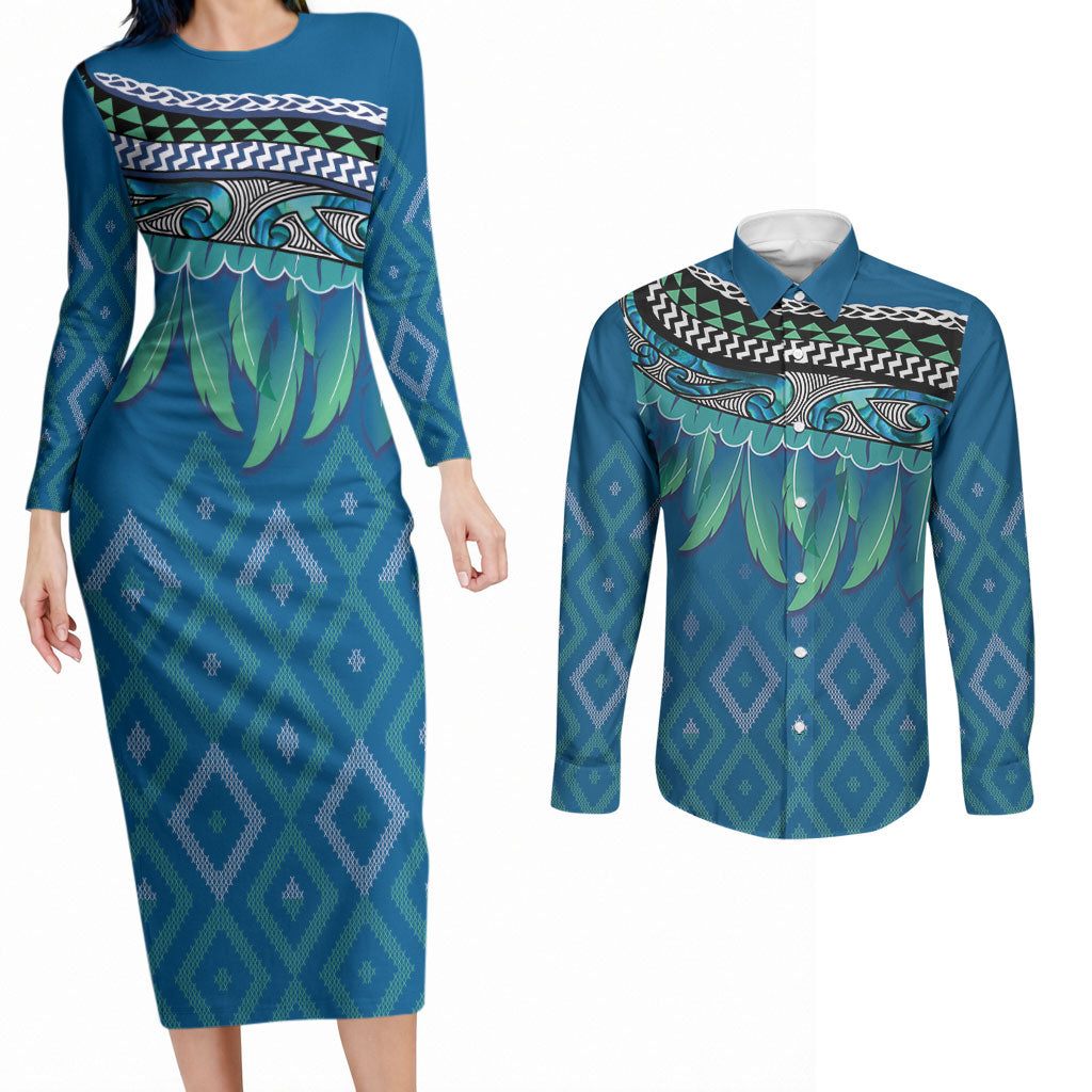 Aotearoa Maori Ngati Kahungunu Iwi Paua Blue Couples Matching Long Sleeve Bodycon Dress and Long Sleeve Button Shirt Korowai Tukutuku Kaokao Motifs