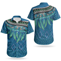 Aotearoa Maori Ngati Kahungunu Iwi Paua Blue Couples Matching Mermaid Dress and Hawaiian Shirt Korowai Tukutuku Kaokao Motifs