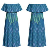 Aotearoa Maori Ngati Kahungunu Iwi Paua Blue Couples Matching Off Shoulder Maxi Dress and Long Sleeve Button Shirt Korowai Tukutuku Kaokao Motifs