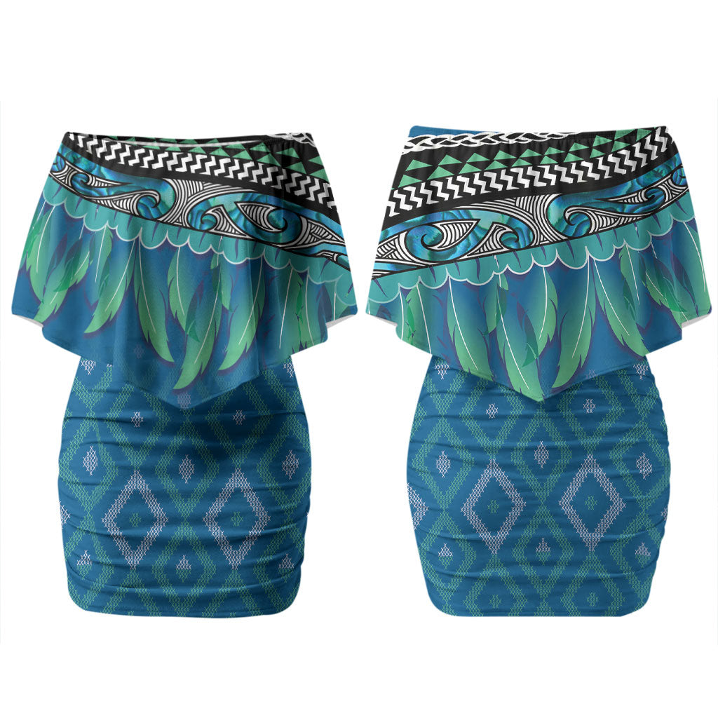 Aotearoa Maori Ngati Kahungunu Iwi Paua Blue Couples Matching Off Shoulder Short Dress and Hawaiian Shirt Korowai Tukutuku Kaokao Motifs