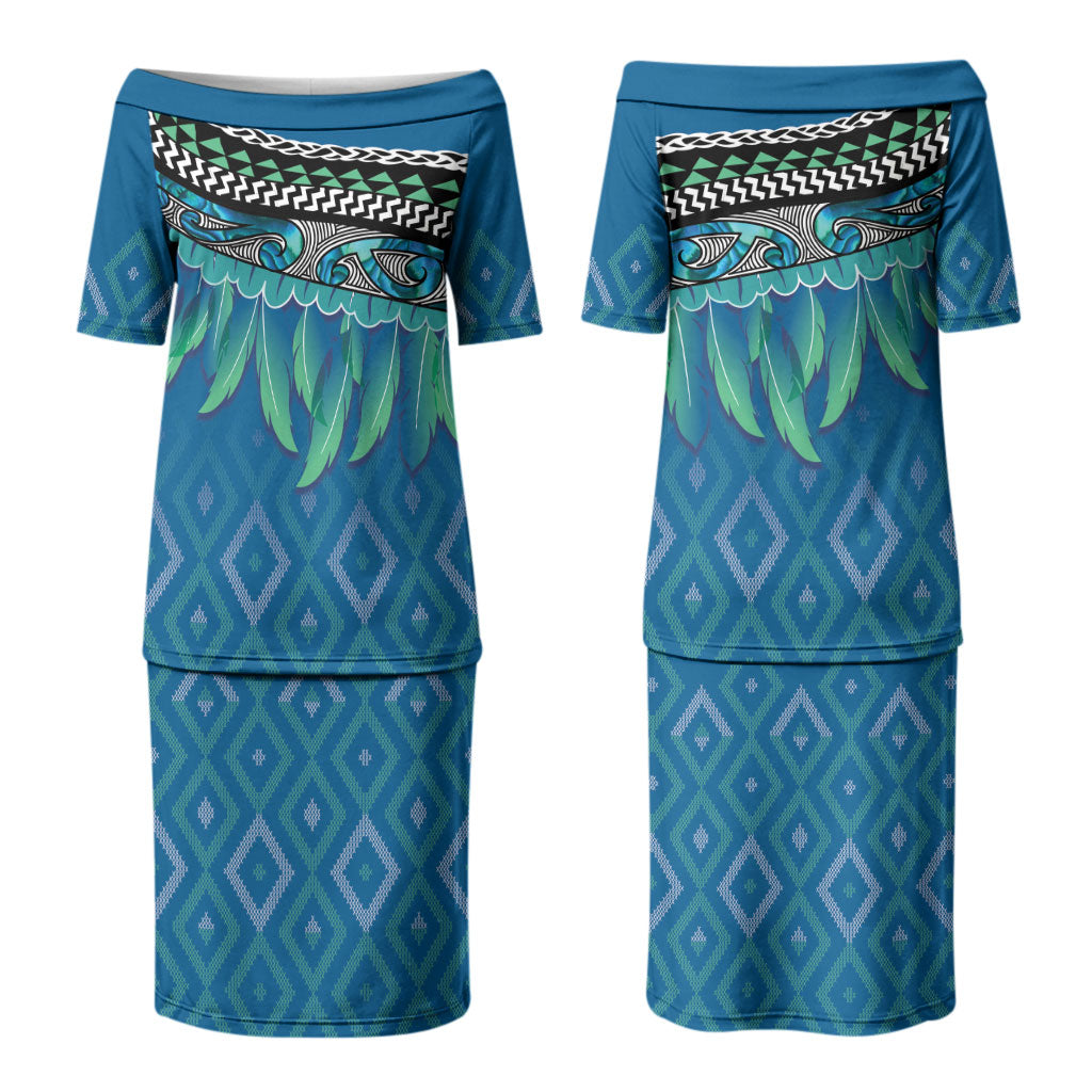 Aotearoa Maori Ngati Kahungunu Iwi Paua Blue Couples Matching Puletasi and Hawaiian Shirt Korowai Tukutuku Kaokao Motifs