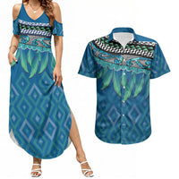 Aotearoa Maori Ngati Kahungunu Iwi Paua Blue Couples Matching Summer Maxi Dress and Hawaiian Shirt Korowai Tukutuku Kaokao Motifs