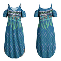 Aotearoa Maori Ngati Kahungunu Iwi Paua Blue Couples Matching Summer Maxi Dress and Long Sleeve Button Shirt Korowai Tukutuku Kaokao Motifs