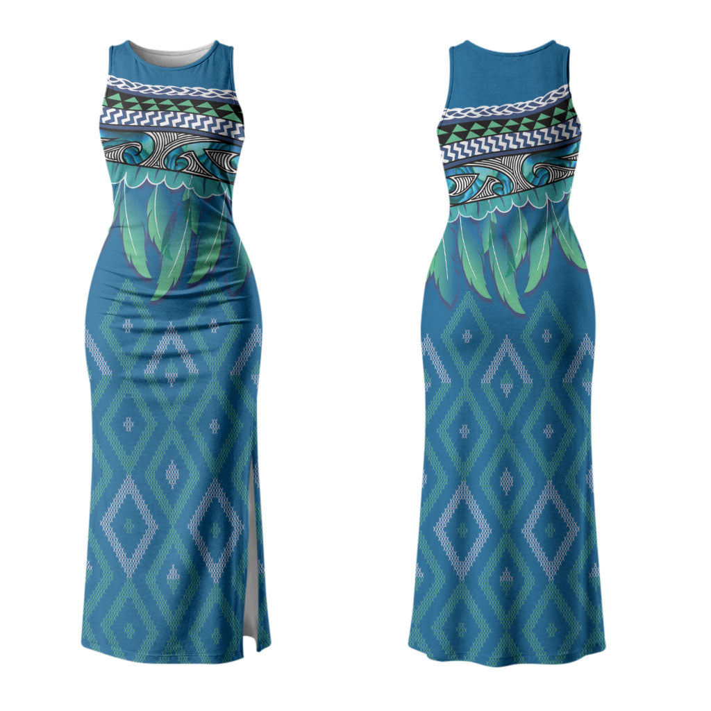Aotearoa Maori Ngati Kahungunu Iwi Paua Blue Couples Matching Tank Maxi Dress and Hawaiian Shirt Korowai Tukutuku Kaokao Motifs