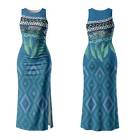 Aotearoa Maori Ngati Kahungunu Iwi Paua Blue Couples Matching Tank Maxi Dress and Long Sleeve Button Shirt Korowai Tukutuku Kaokao Motifs